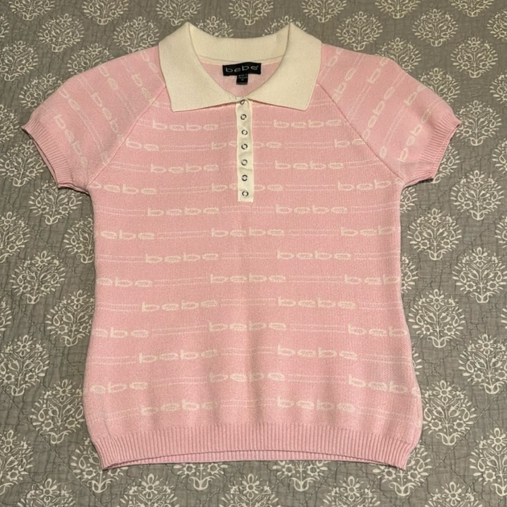 Bebe Polo Sweater Short Sleeve Size Medium Pink and White